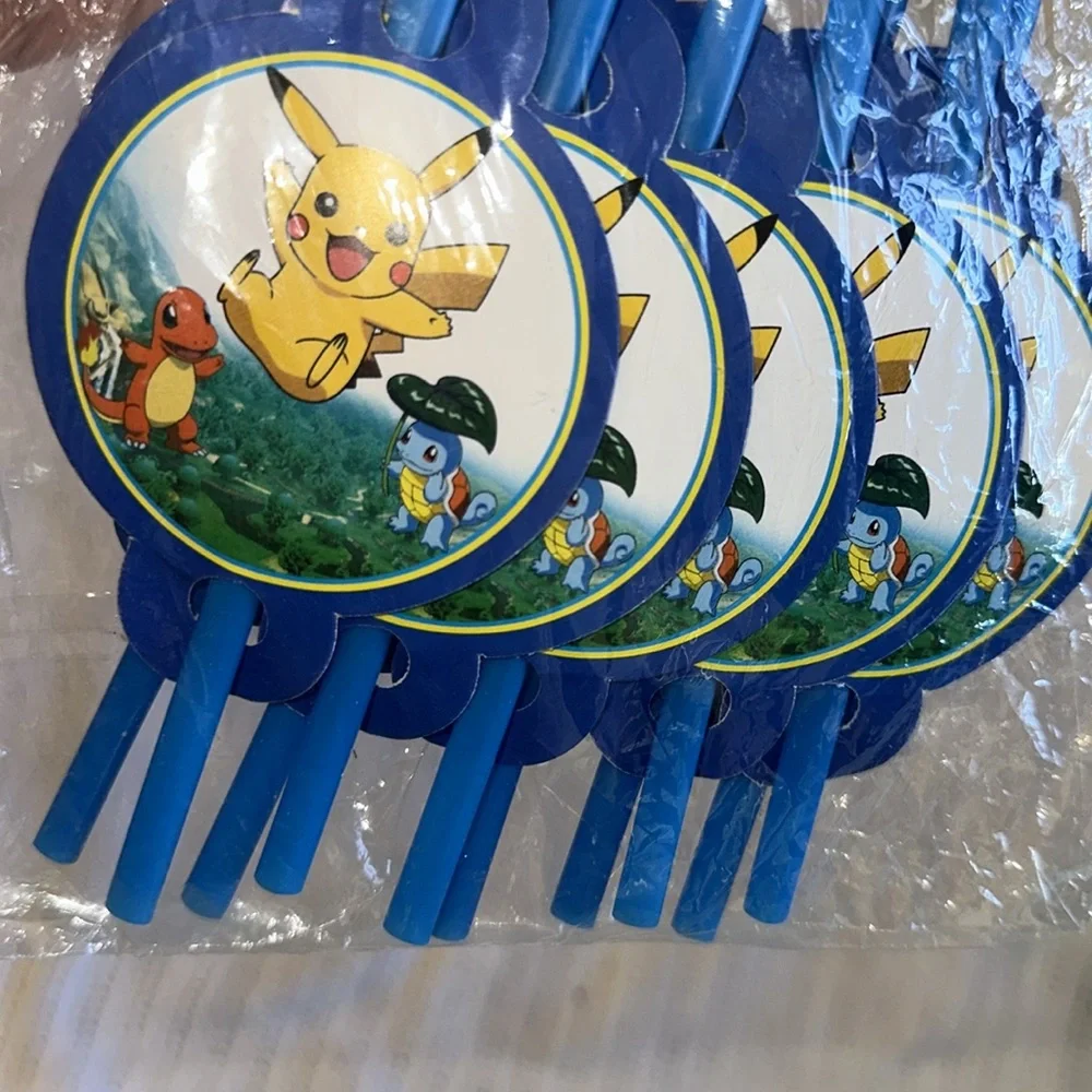 Pokemon Party Straws Pikachu Favors Flexible Blue Birthday Supplies NEW
